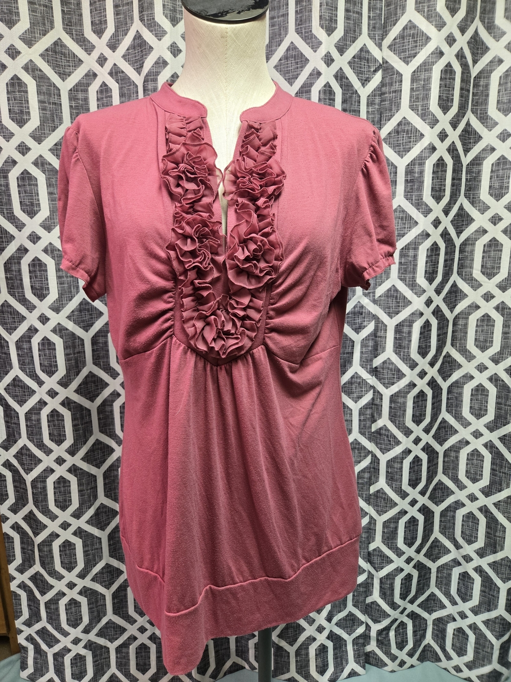 Maurices Dusty Rose Ruffle V-Neck Short Sleeve Blouse